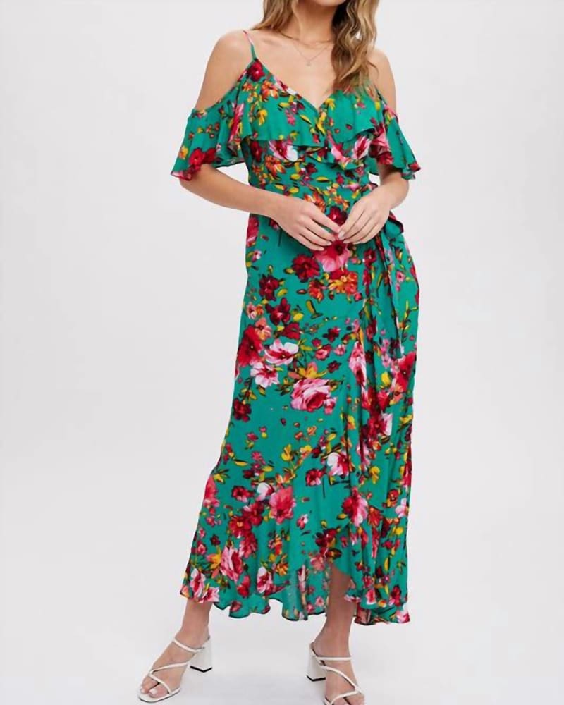 Front of a model wearing a size Large Cold Shoulder Ruffled Wrap Dress In Kelly Green in Kelly Green by BluIvy. | dia_product_style_image_id:350690